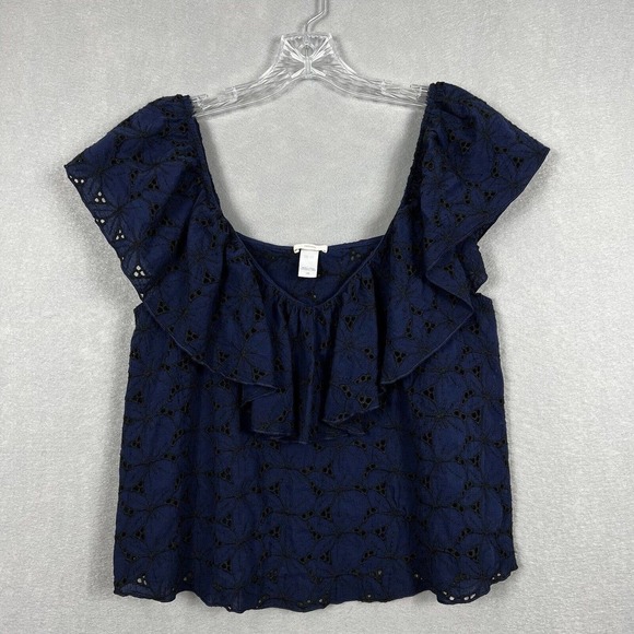 Eberjey Shirt Top Navy Blue Embroidered Evelyn Ruffled Cotton Large Top - Picture 1 of 10